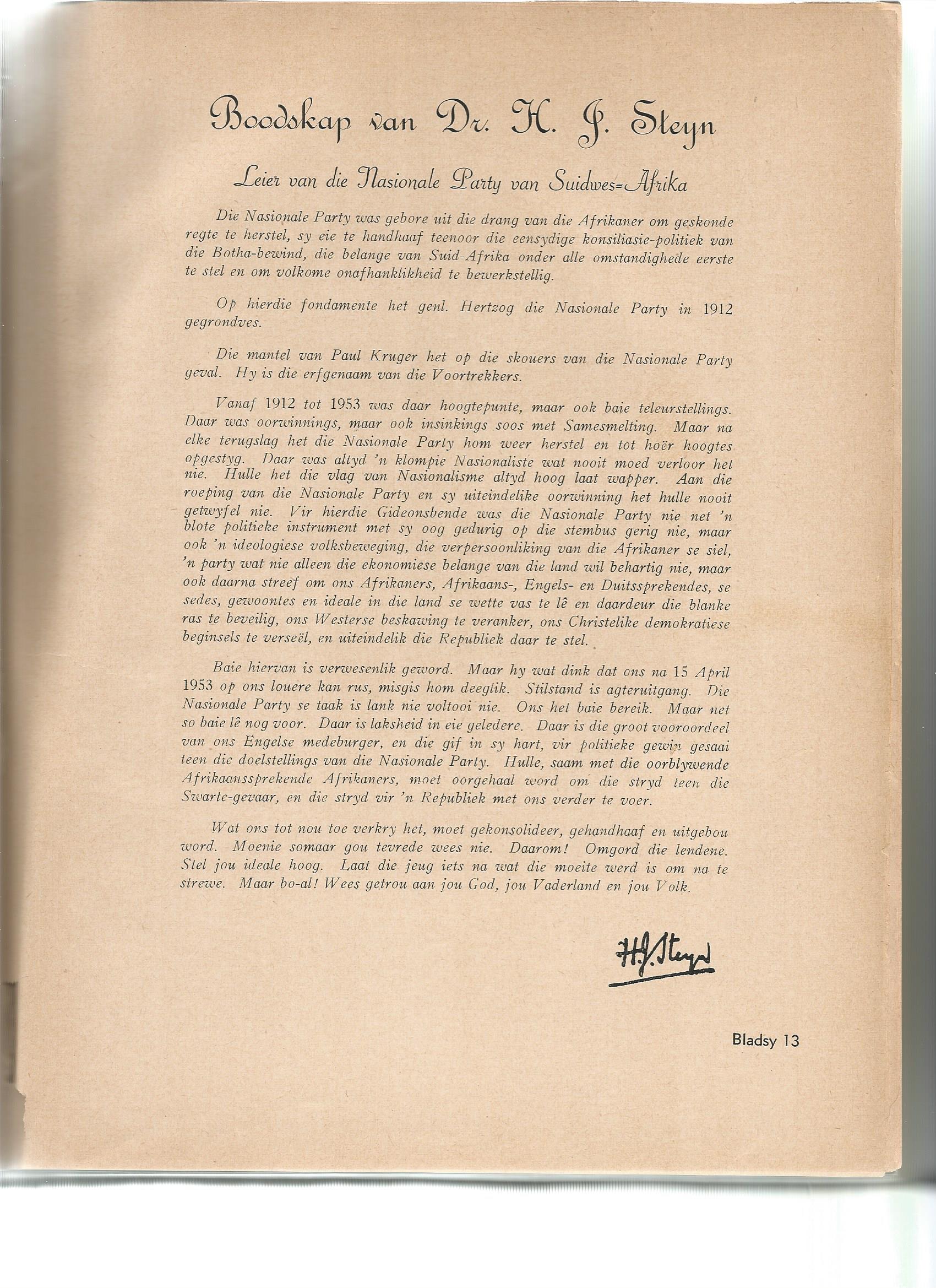 Boodskap van die leier van SWA na oorwining 1948