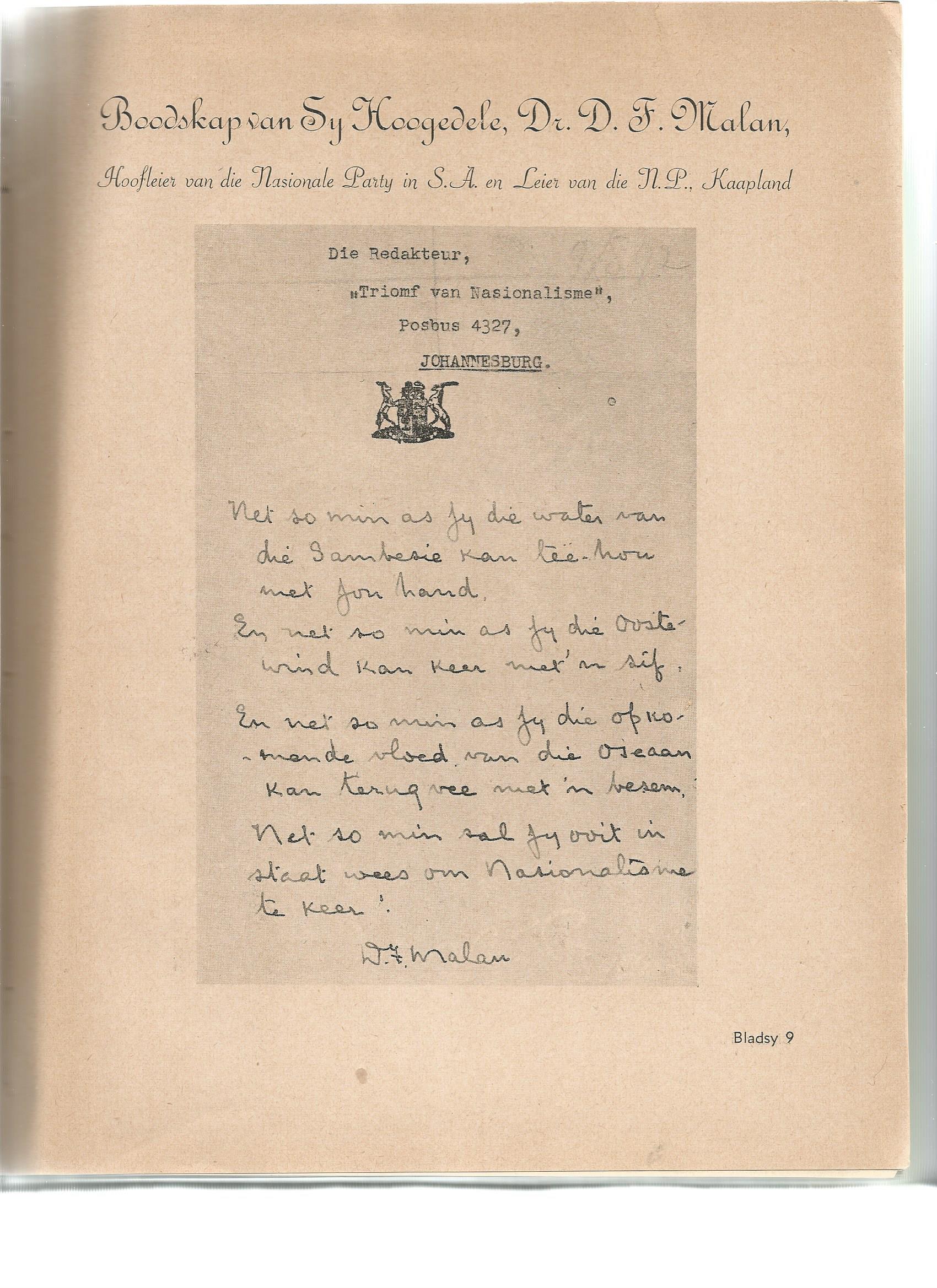 Boodskap van die leier van Kaapland na oorwining 1948